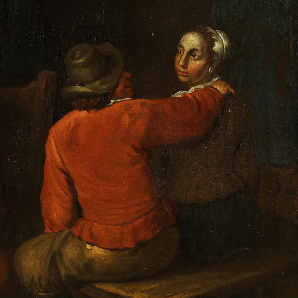 17th Century Oil on Canvas Flemish Antique Tavern Interior Painting Genre Scene 9