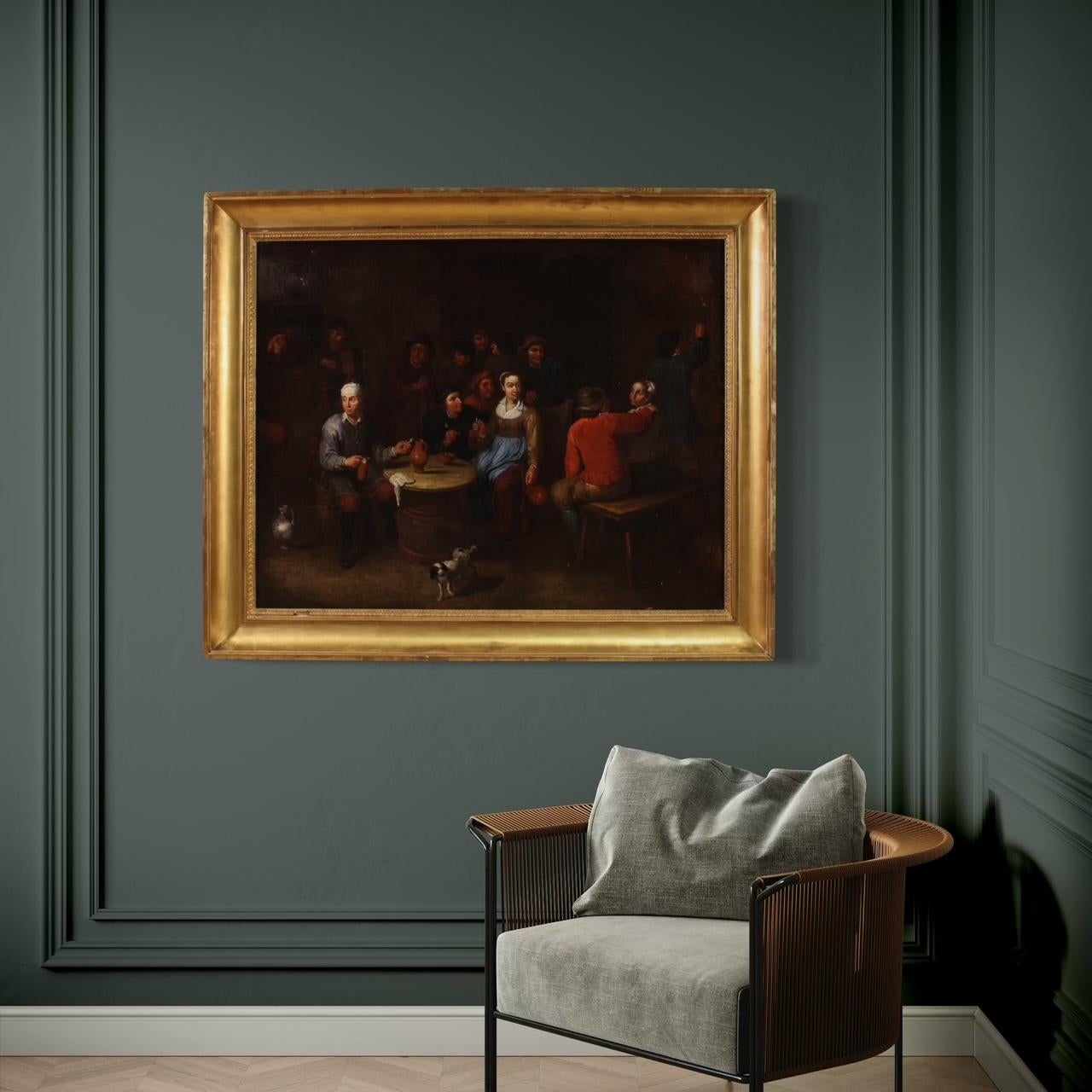 17th Century Oil on Canvas Flemish Antique Tavern Interior Painting Genre Scene 10