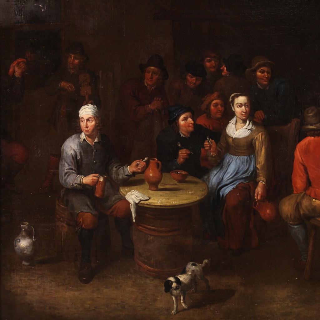 17th Century Oil on Canvas Flemish Antique Tavern Interior Painting Genre Scene - Figurative Painting Black di Unknown