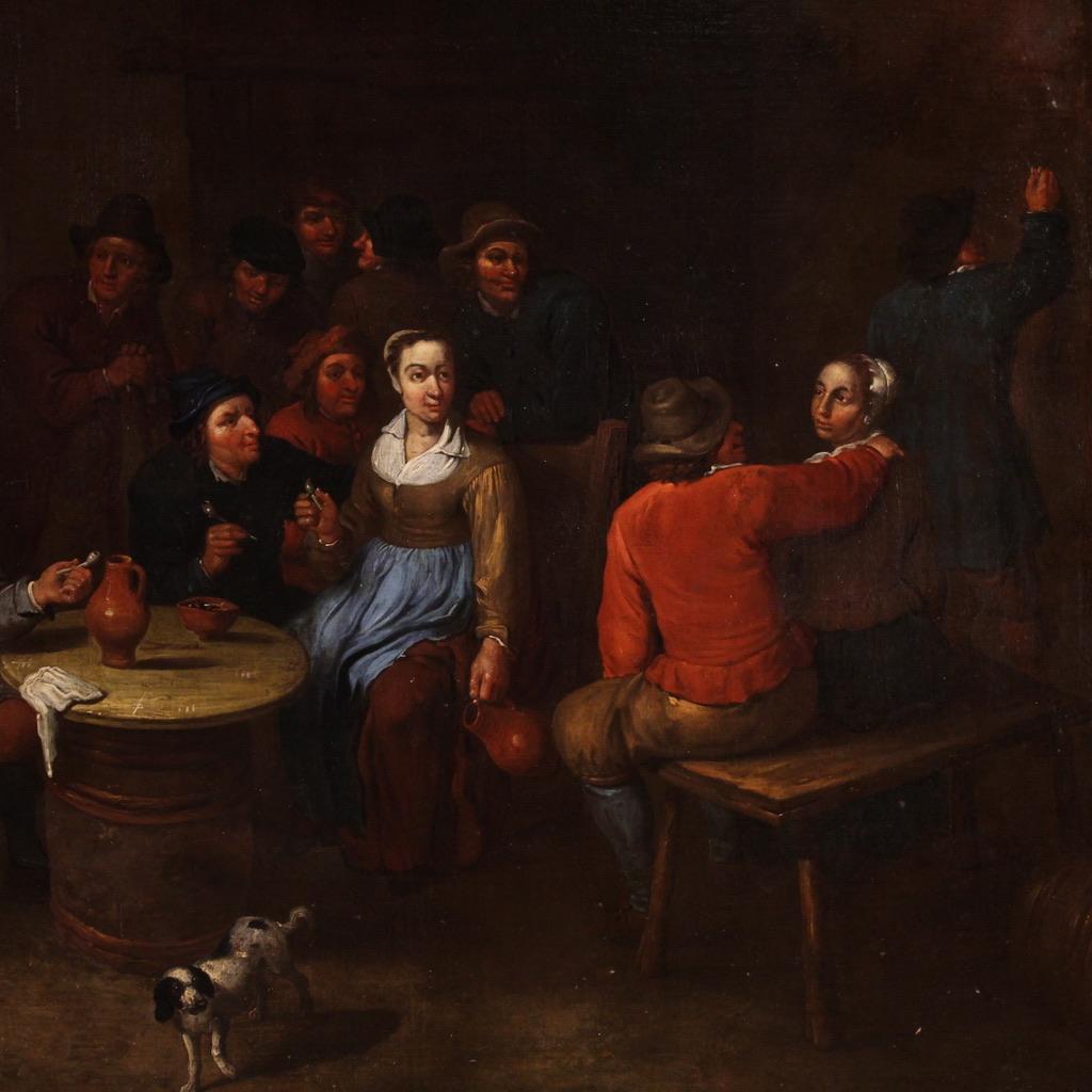 Great Flemish painting from the second half of the 17th century. Oil on canvas artwork depicting a splendid genre scene with a tavern interior. A painting of remarkable pictorial quality, particularly evident in the creation of exquisite