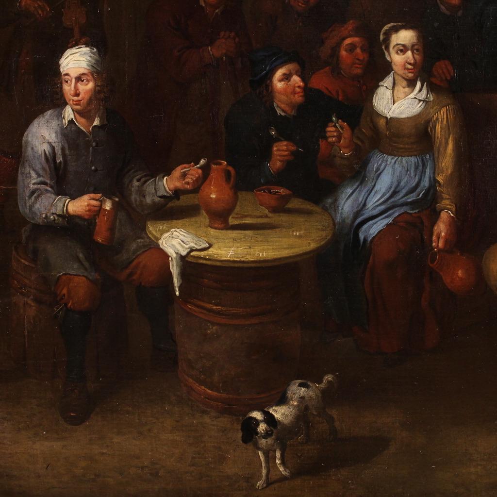 17th Century Oil on Canvas Flemish Antique Tavern Interior Painting Genre Scene 4
