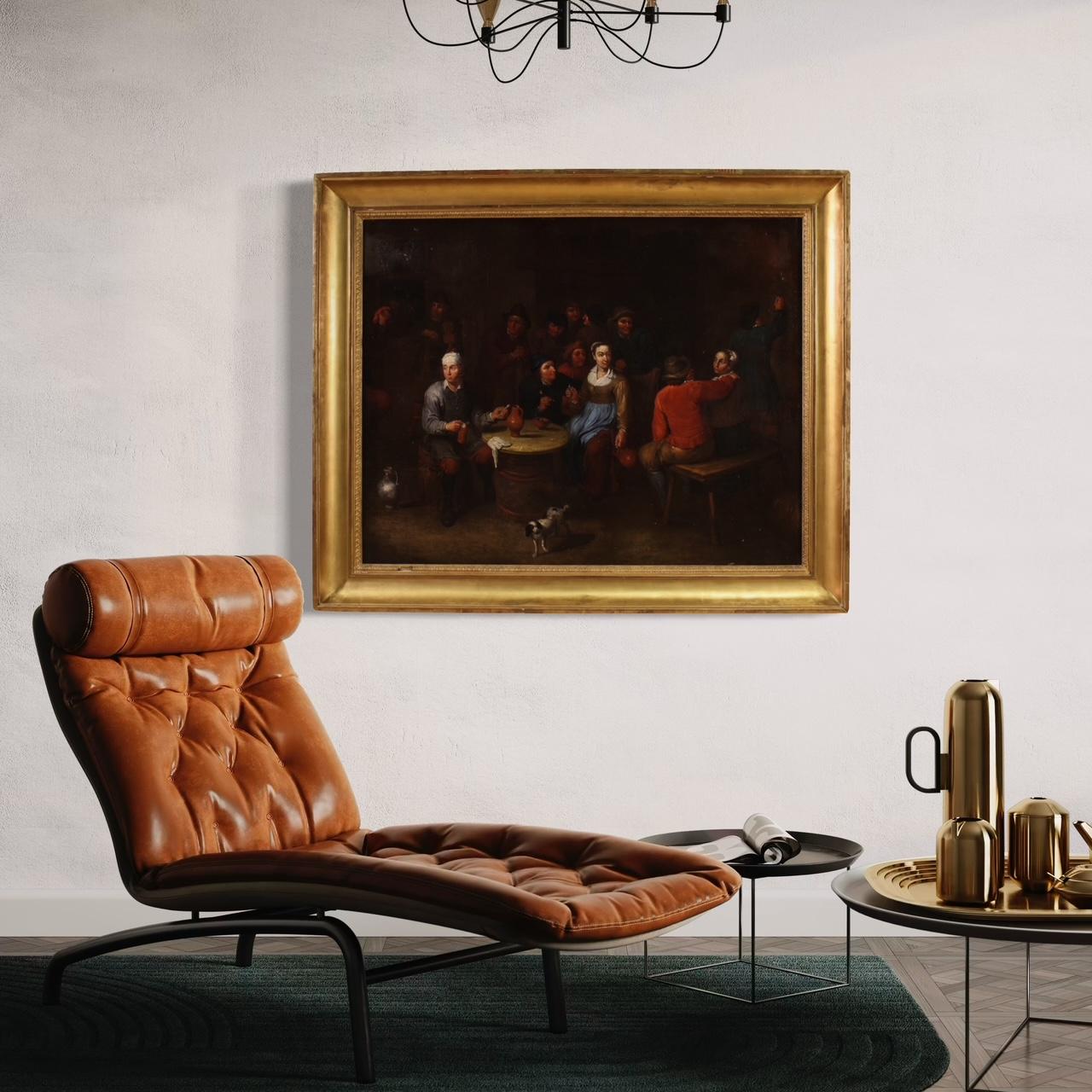 17th Century Oil on Canvas Flemish Antique Tavern Interior Painting Genre Scene 5