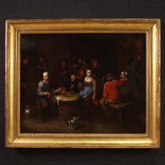 17th Century Oil on Canvas Flemish Antique Tavern Interior Painting Genre Scene
