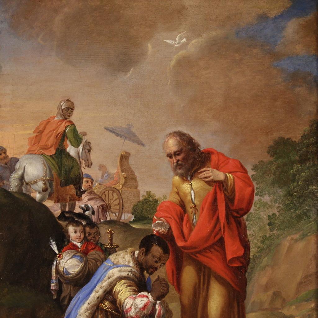 Ein prächtiges flämisches Gemälde aus der zweiten Hälfte des 17. Jahrhunderts. Öl auf Leinwand, das eine seltene biblische Szene darstellt: die Taufe des äthiopischen Eunuchen durch den heiligen Philippus. Ein hoher Würdenträger der Königin von