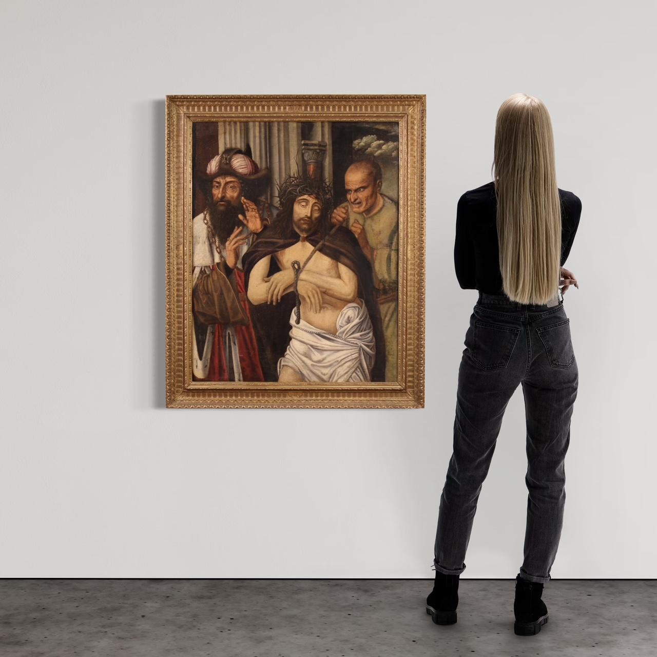 Splendid Flemish painting from the first half of the 17th century. Oil on canvas artwork depicting a moment of the Passion of Christ, an Ecce Homo of remarkable pictorial quality. Ecce Homo is the phrase that Pontius Pilate, Roman governor of Judea,