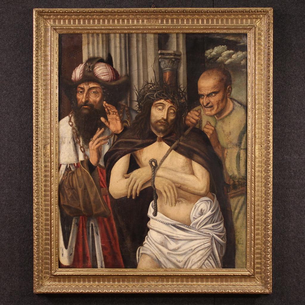 Figurative Painting di Unknown - 17th Century Oil on Canvas Flemish Religious Painting Ecce Homo, 1640