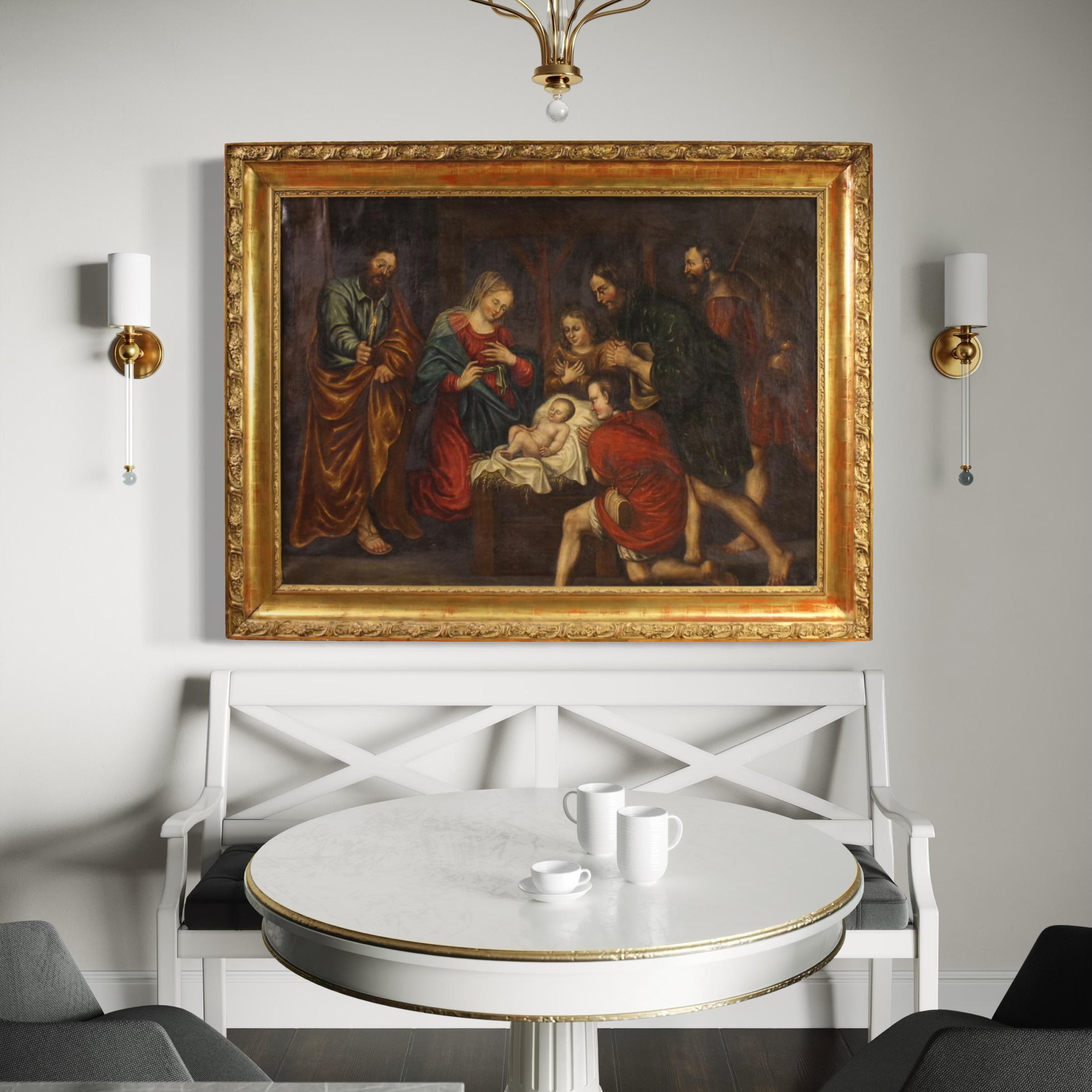 siglo XVII Óleo sobre Lienzo Pintura Antigua Francesa Adoración de los Pastores, 1670 7
