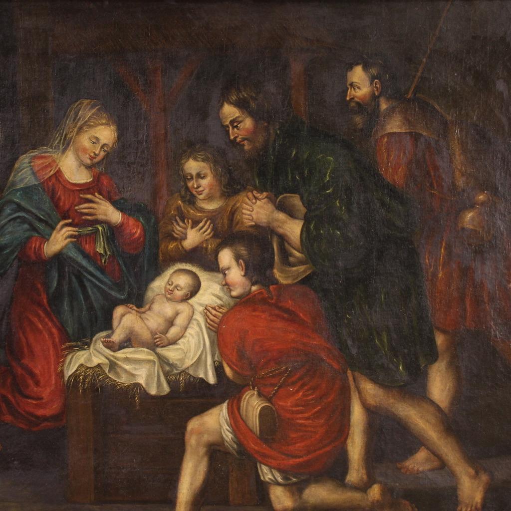 siglo XVII Óleo sobre Lienzo Pintura Antigua Francesa Adoración de los Pastores, 1670 - Painting de Unknown
