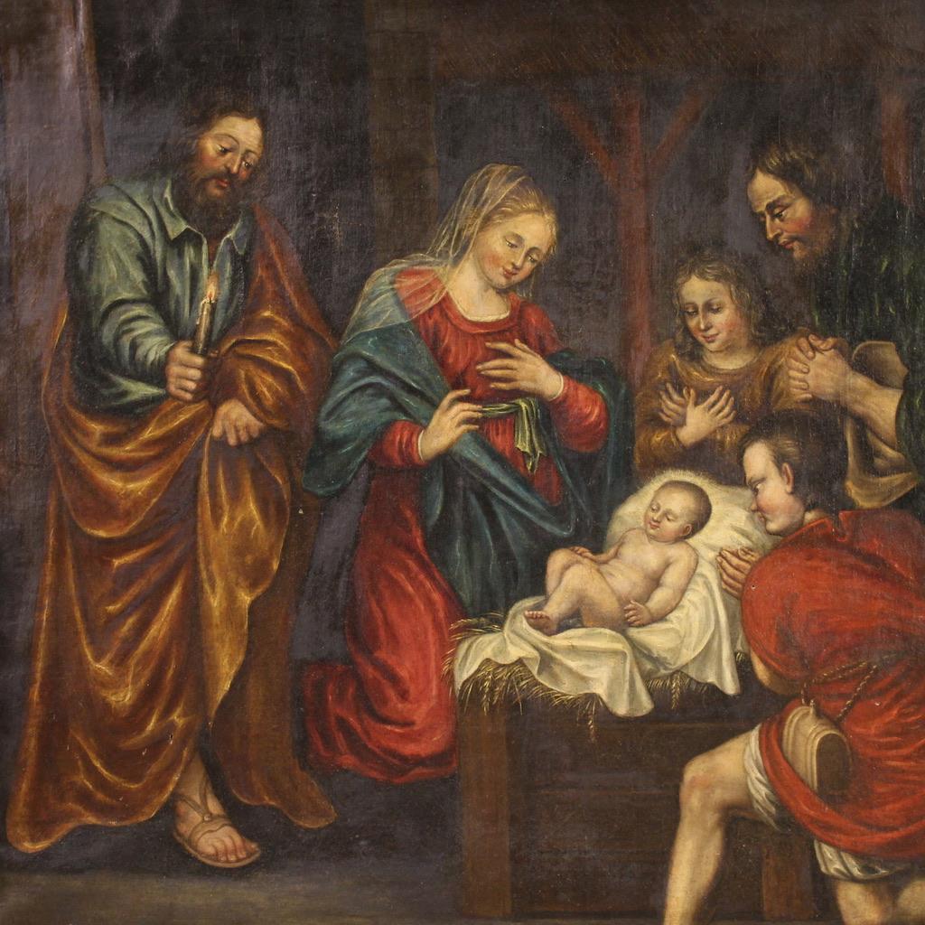 Antiguo cuadro francés de finales del siglo XVII. Óleo sobre lienzo, primer lienzo, obra de arte que representa un tema de arte sacro, Adoración de los pastores, de buena calidad pictórica. Cuadro de gran tamaño e impacto adornado con un marco no