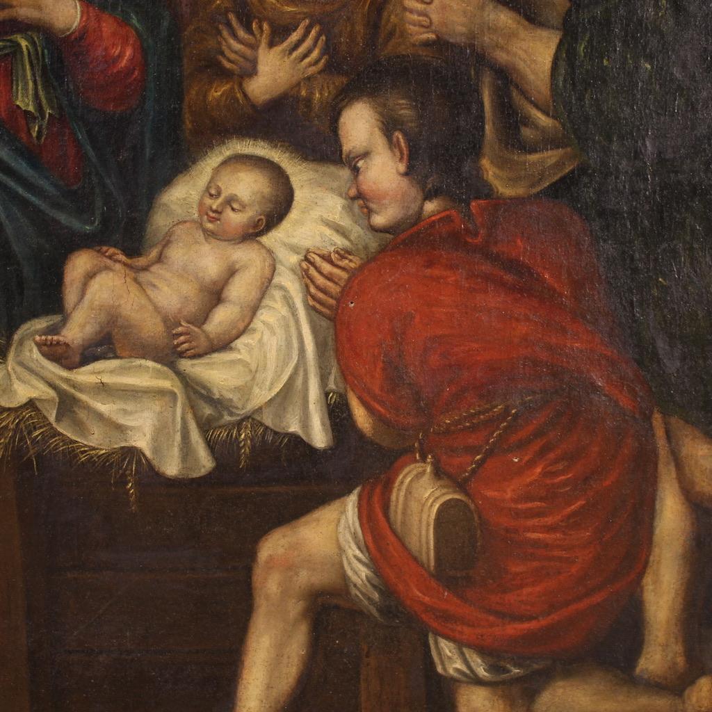 siglo XVII Óleo sobre Lienzo Pintura Antigua Francesa Adoración de los Pastores, 1670 1