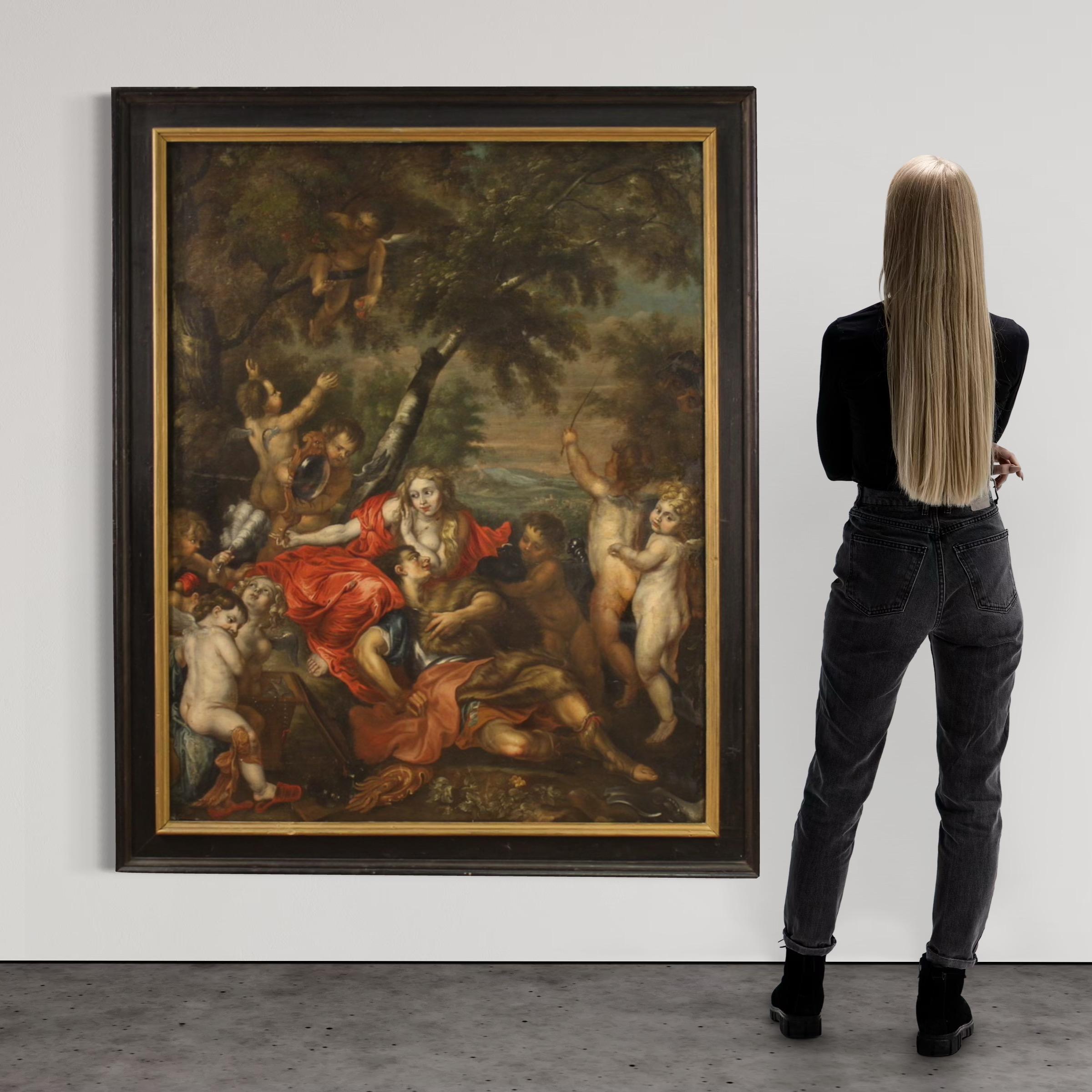 Great Flemish painting from the first half of the 17th century. Oil painting on canvas depicting the love story between Rinaldo and Armida told in Jerusalem Delivered, the most important epic poem by Torquato Tasso. Artwork attributable to a