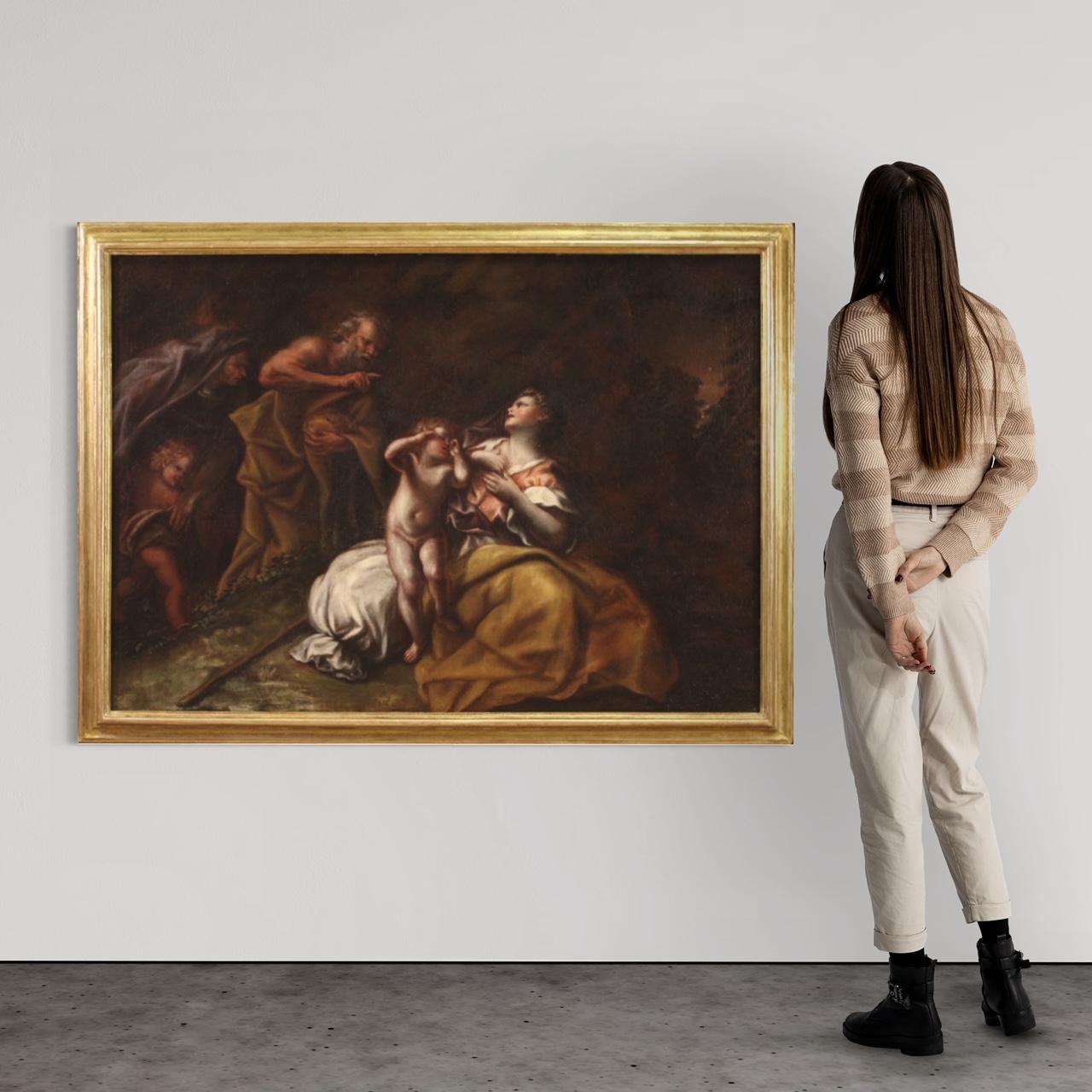 Antiguo cuadro italiano del siglo XVII. Obra al óleo sobre lienzo que representa un tema bíblico, Abraham despidiendo a Agar e Ismael, de excelente calidad pictórica. Según el relato del Génesis, a instancias de su esposa Sara, Abraham se vio