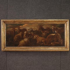 pintura al óleo sobre lienzo del siglo XVII Paisaje antiguo italiano con cabras, 1680