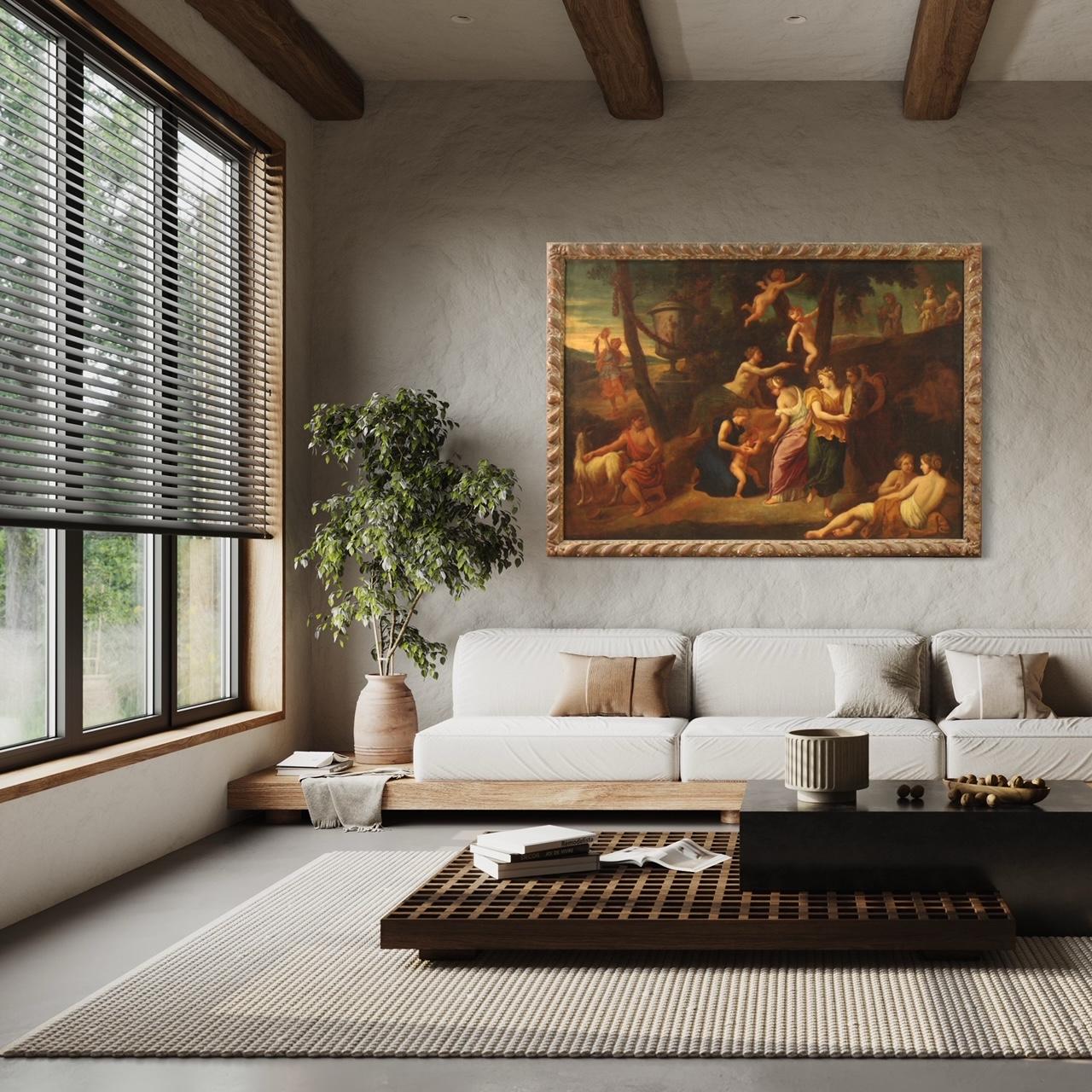 Antique Italian painting from the second half of the 17th century. Oil on canvas artwork of great pictorial quality depicting a mythological subject, infant Zeus and the goat Amalthea on Mount Ida. Legend has it that the titan Cronus had many