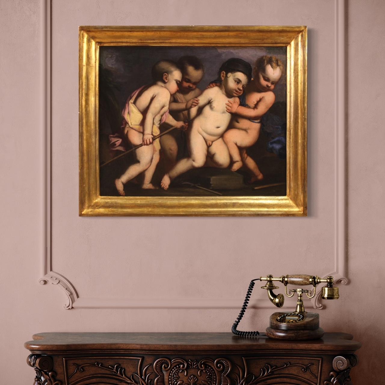 Antique Italian painting from the first half of the 17th century. Oil artwork on canvas depicting an allegorical subject, Game of cherubs, of excellent pictorial quality. Painting of beautiful size and proportion adorned with a non-coeval 19th
