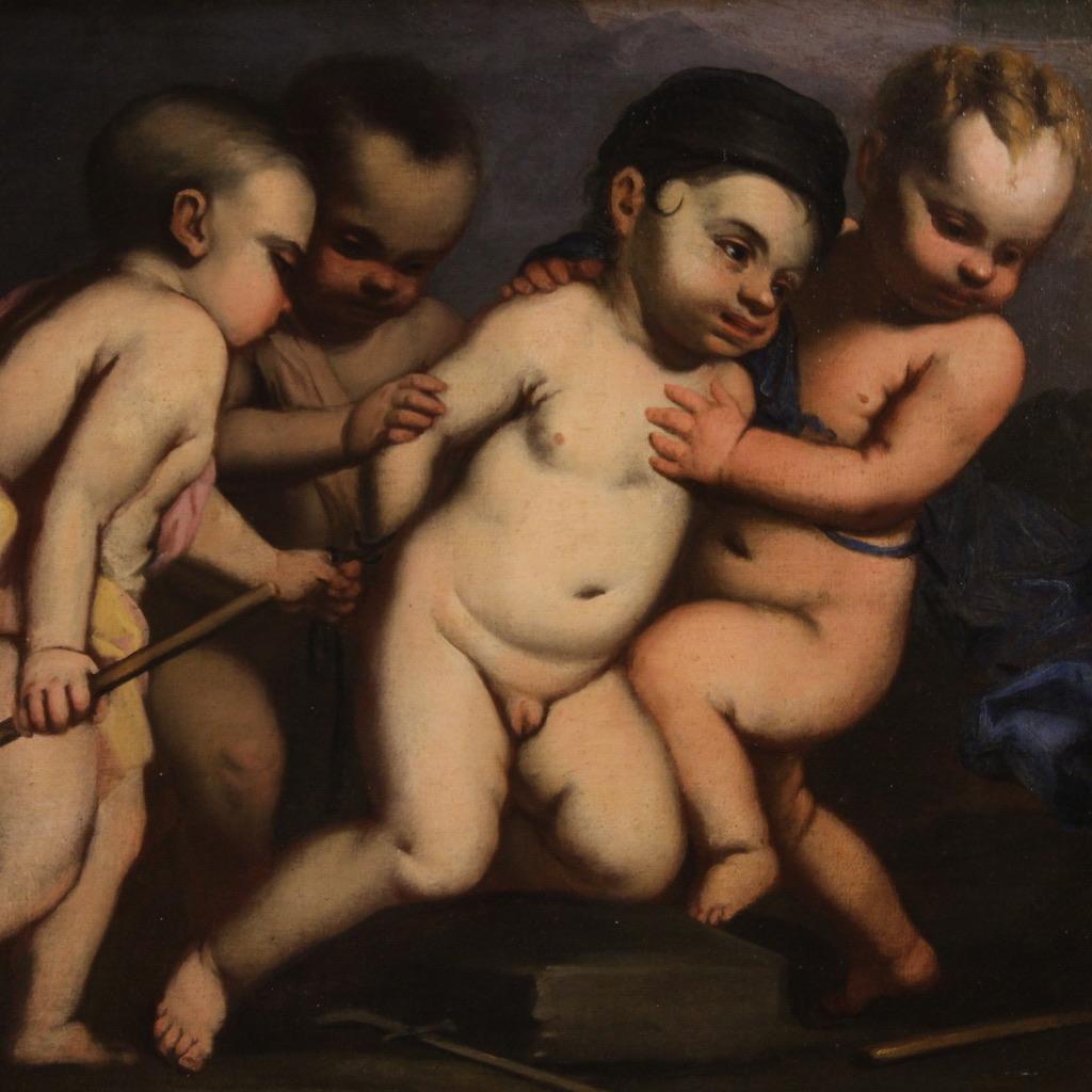 17th Century Oil on Canvas Italian Antique Painting Cherubs Game, 1640s 3