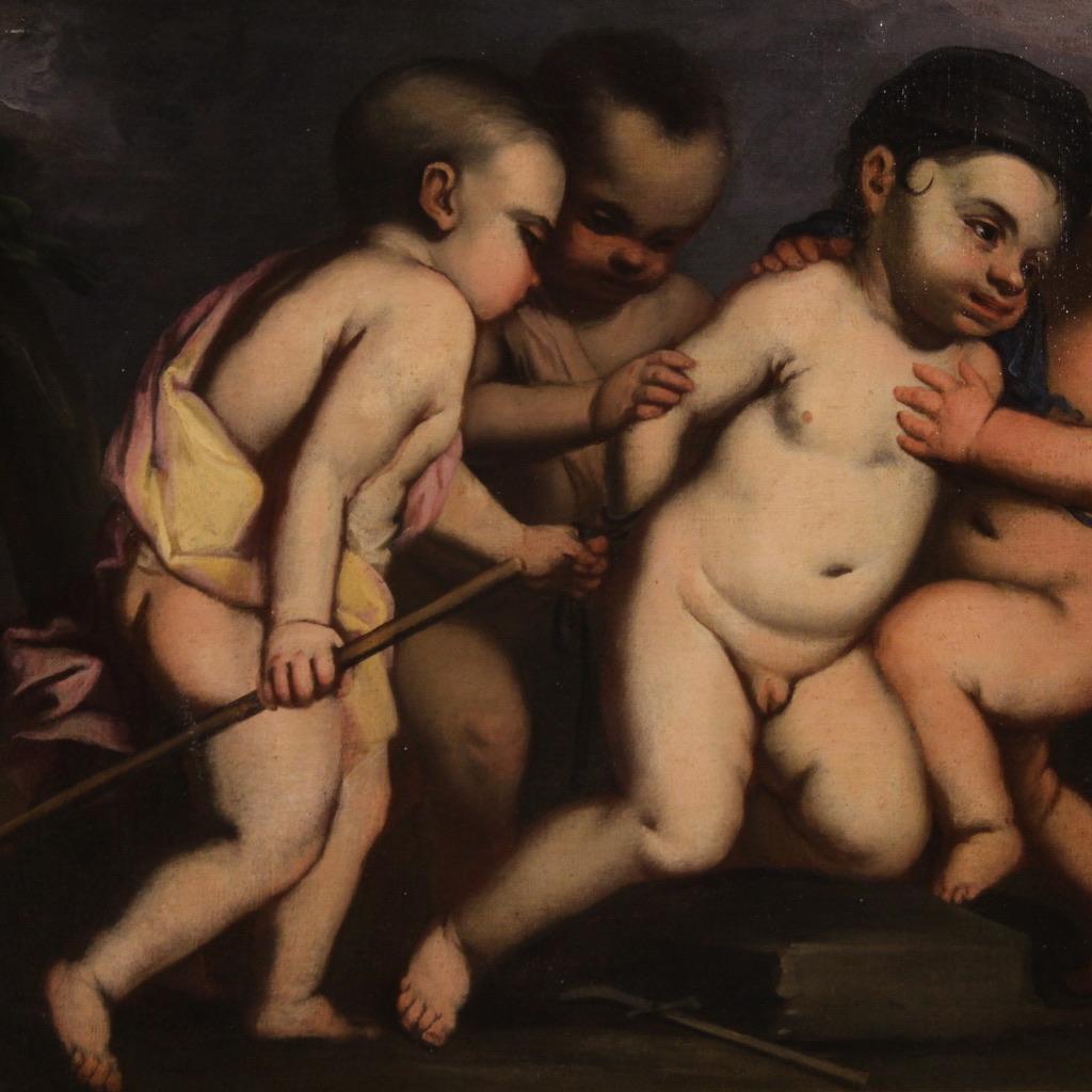 17th Century Oil on Canvas Italian Antique Painting Cherubs Game, 1640s 4