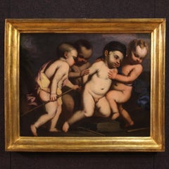 17th Century Oil on Canvas Italian Antique Painting Cherubs Game, 1640s