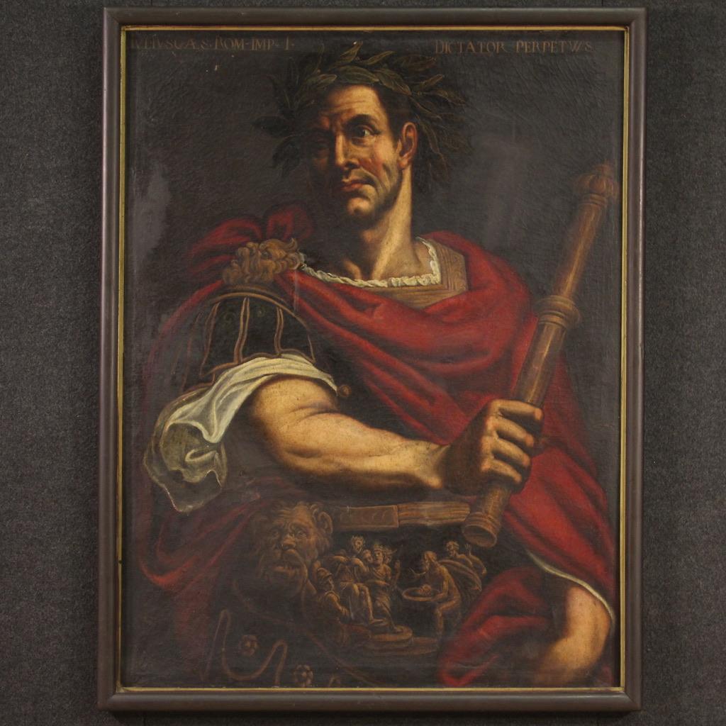 Portrait Painting di Unknown - 17th Century Oil on Canvas Italian Antique Painting Portrait of Julius Caesar