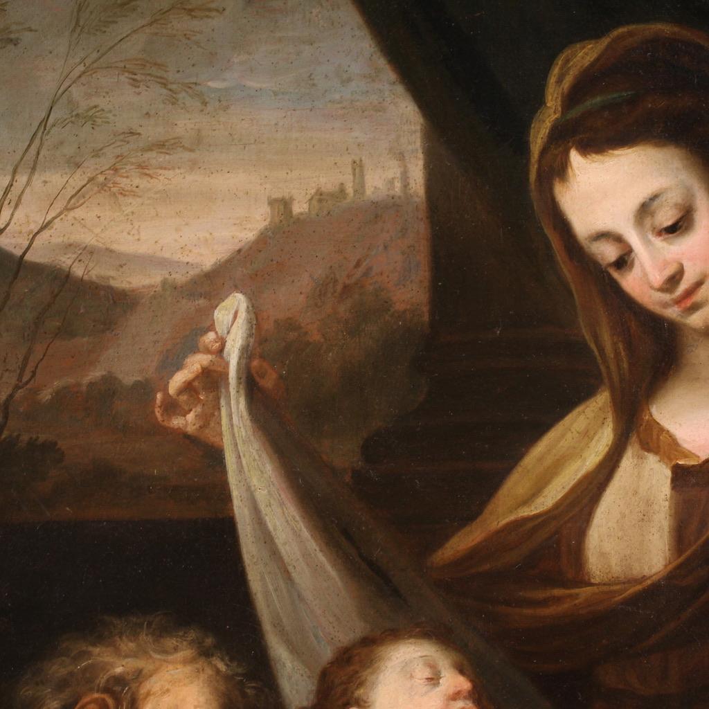 siglo XVII Óleo sobre Lienzo Pintura Religiosa Antigua Italiana Sagrada Familia, 1670 en venta 8