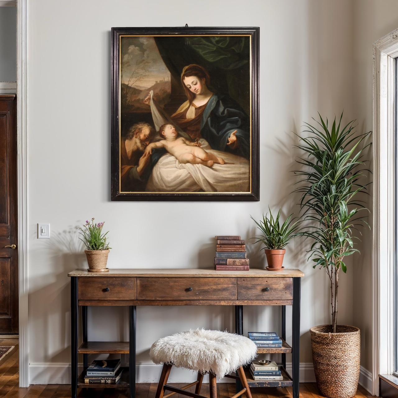siglo XVII Óleo sobre Lienzo Pintura Religiosa Antigua Italiana Sagrada Familia, 1670 en venta 9