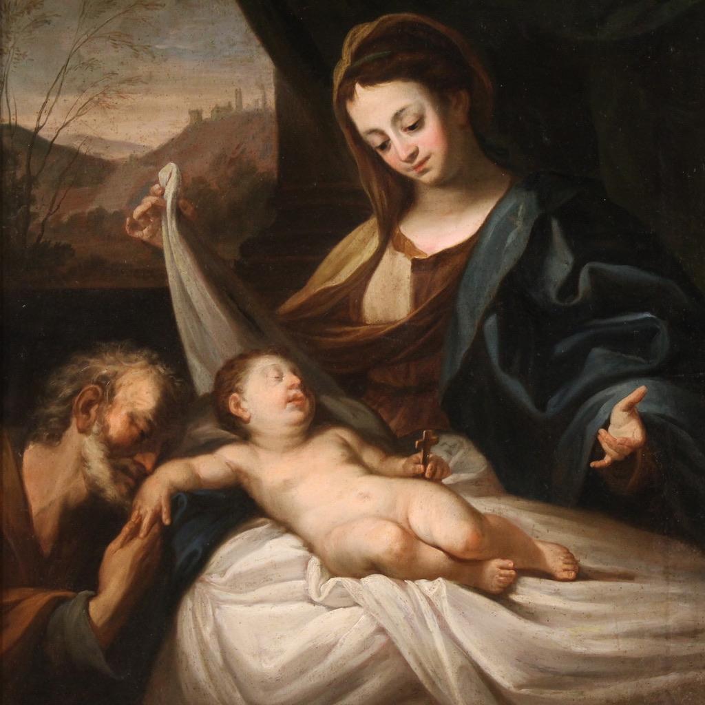 siglo XVII Óleo sobre Lienzo Pintura Religiosa Antigua Italiana Sagrada Familia, 1670 - Painting de Unknown