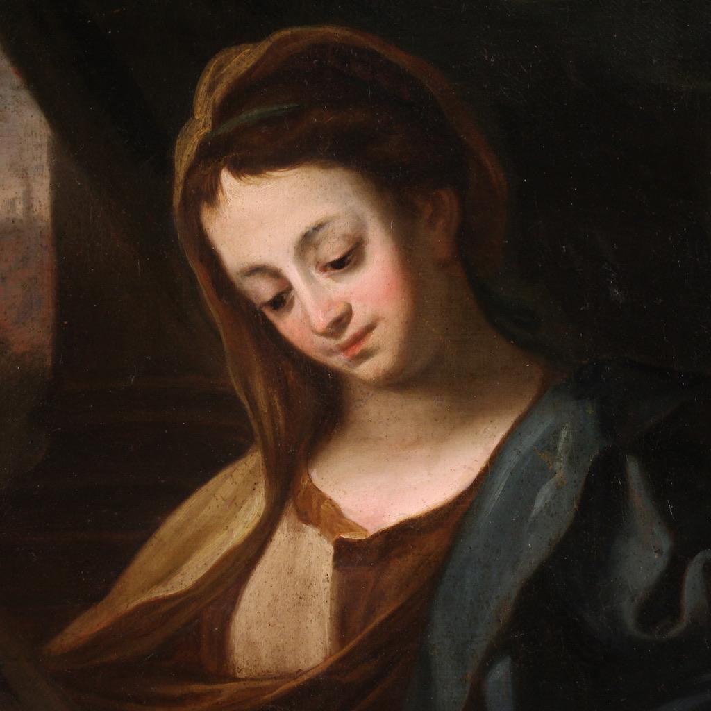 Pintura religiosa italiana de la segunda mitad del siglo XVII. Óleo sobre lienzo que representa una espléndida Sagrada Familia con el Niño Jesús dormido. Cuadro de notable calidad pictórica que destaca por su equilibrio compositivo, sus tonos