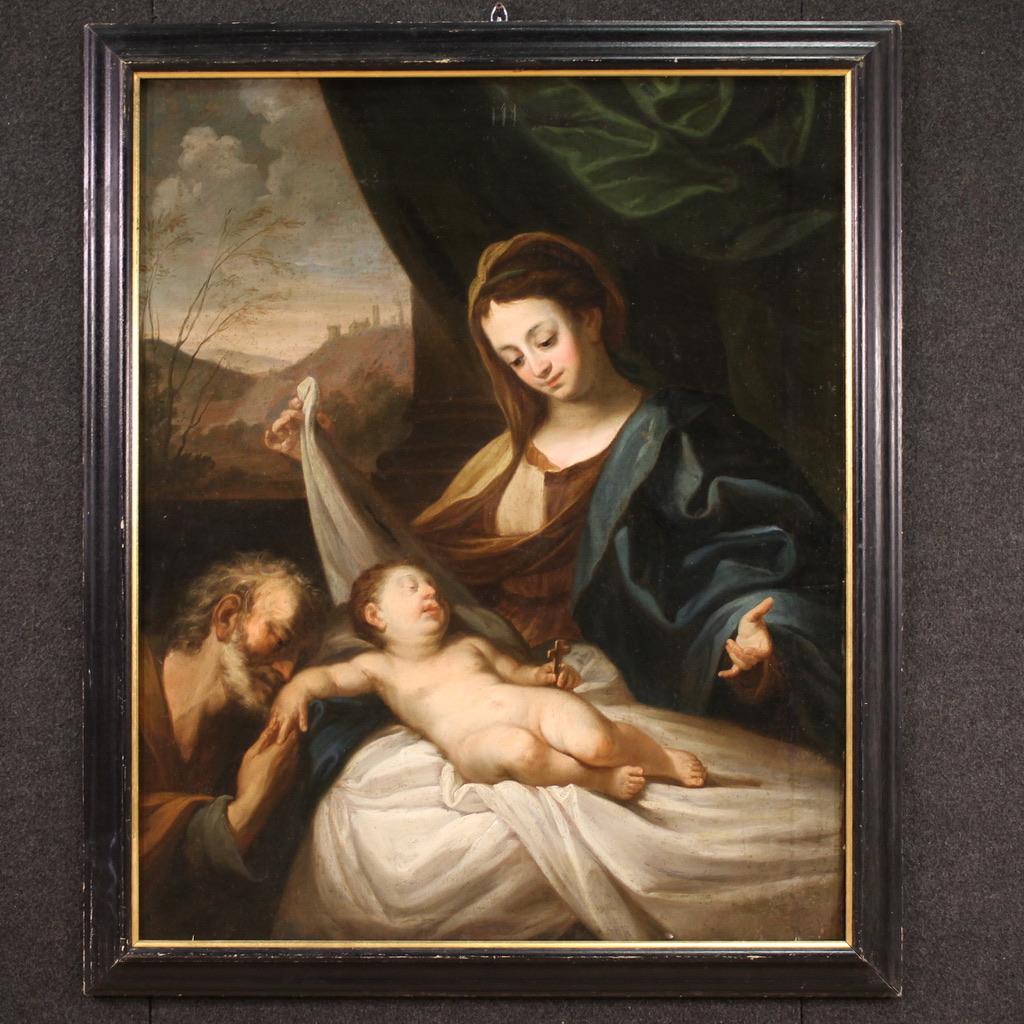 Figurative Painting de Unknown - siglo XVII Óleo sobre Lienzo Pintura Religiosa Antigua Italiana Sagrada Familia, 1670