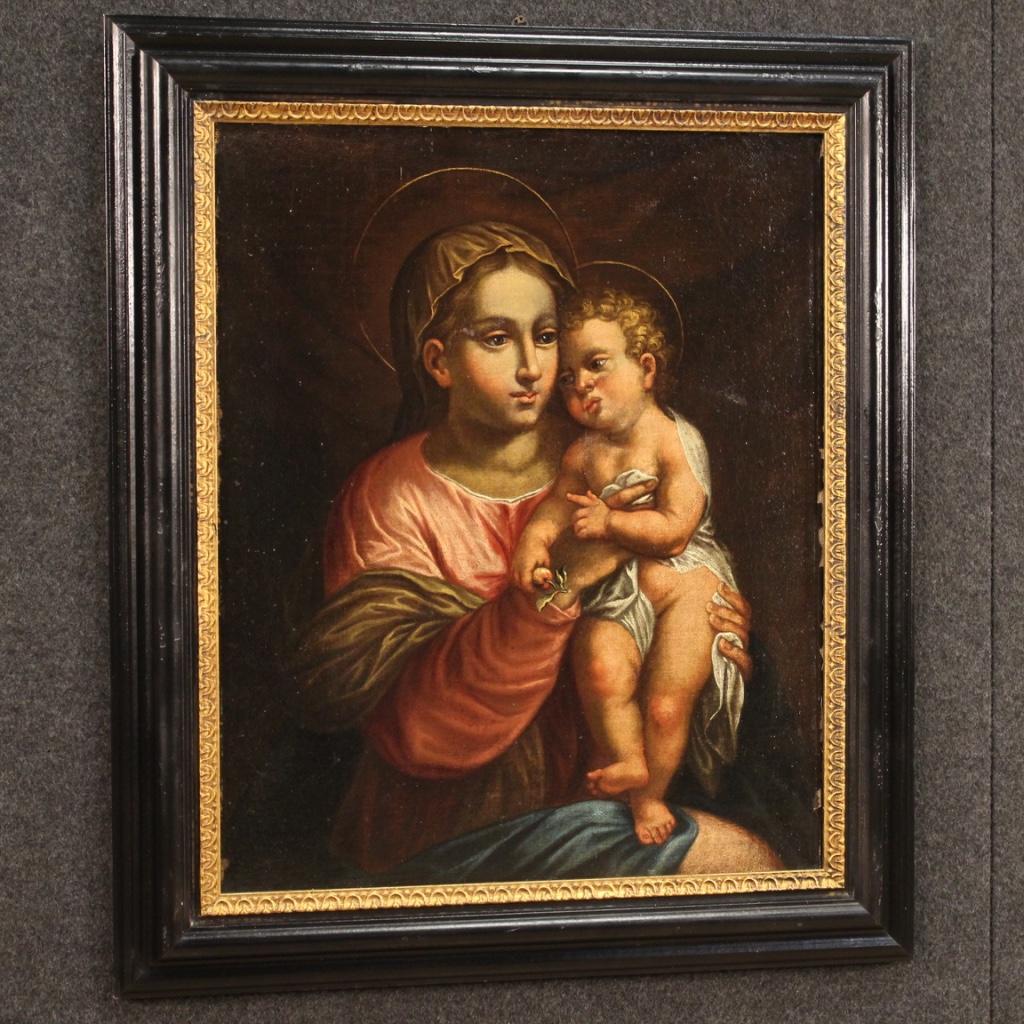 17th Century Oil on Canvas Italian Antique Religious Painting Madonna with Child in vendita 9