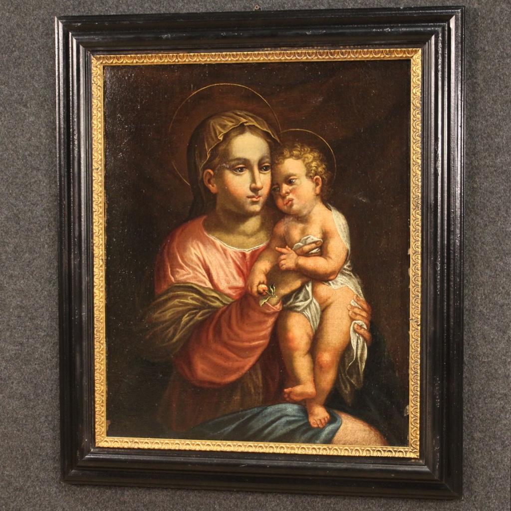 17th Century Oil on Canvas Italian Antique Religious Painting Madonna with Child in vendita 10