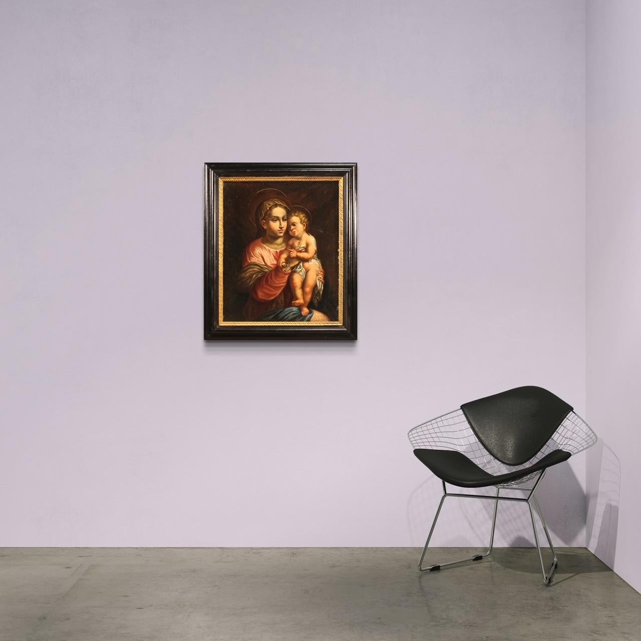 17th Century Oil on Canvas Italian Antique Religious Painting Madonna with Child - Figurative Painting Black di Unknown
