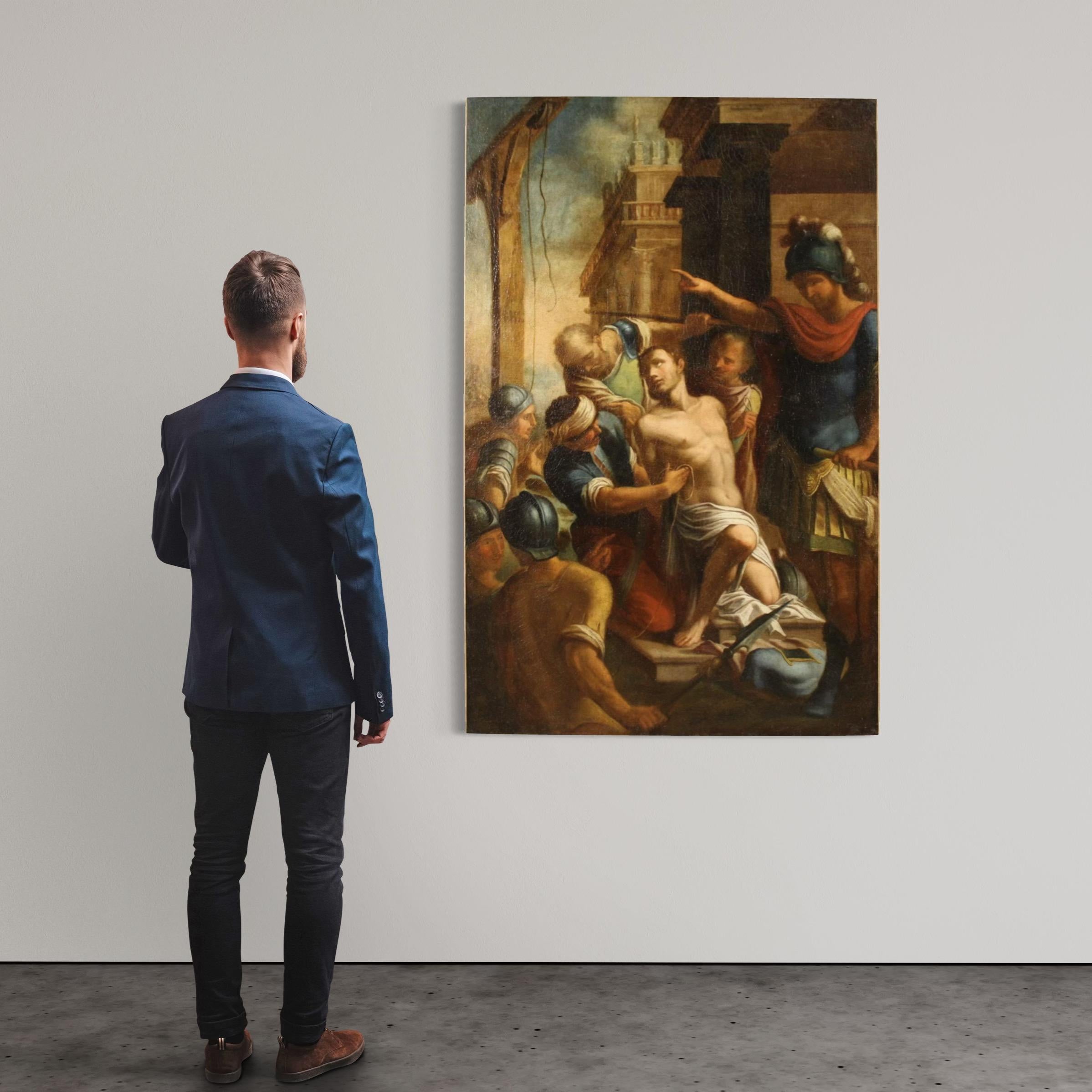 Huile sur toile du 17e siècle Peinture religieuse ancienne italienne Saint Sébastien - Noir Figurative Painting par Unknown