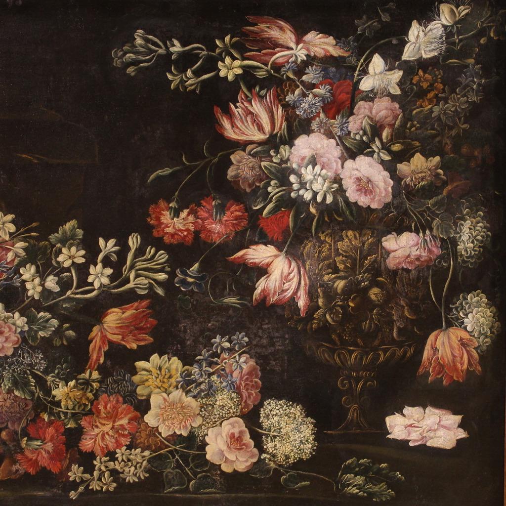 óleo sobre lienzo del siglo XVII Pintura antigua italiana de bodegón, 1680 - Figurative Painting Black de Unknown