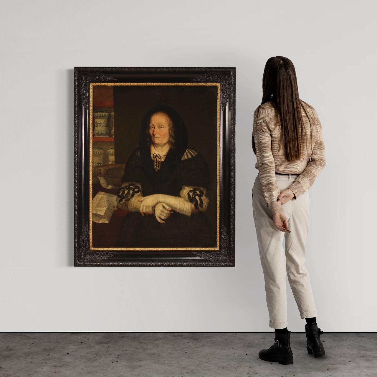 Antique Italian painting from the second half of the 17th century. Oil on canvas artwork depicting a portrait of an old lady, The widow of the pharmacist from Trento, of good pictorial quality. Particular subject of great size and strong visual