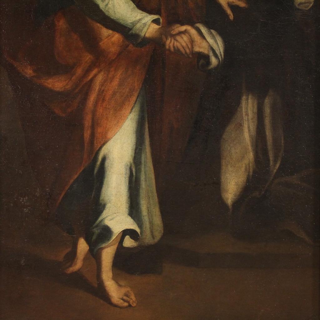 Prächtiges italienisches Gemälde aus dem 17. Jahrhundert. Öl auf Leinwand mit der Darstellung eines seltenen religiösen Themas: Christus erscheint der heiligen Katharina von Siena, erkennbar an ihrem weißen Kleid und dem schwarzen Mantel des