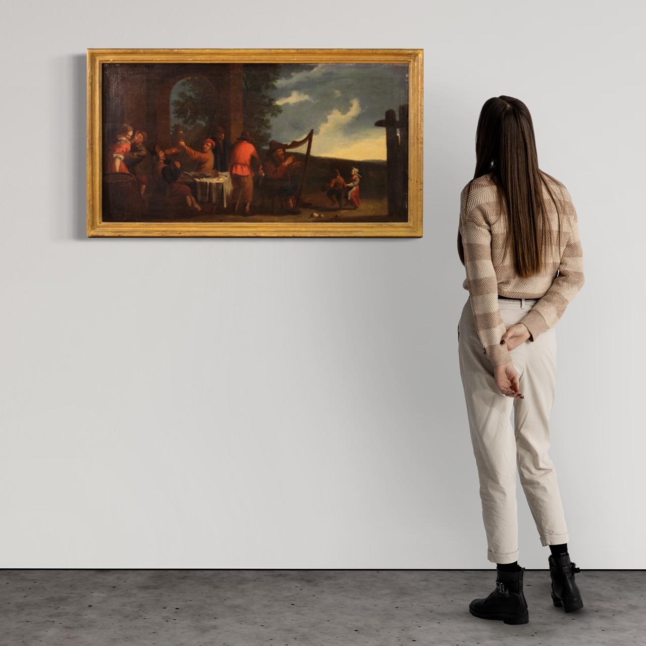 Antikes italienisches Gemälde aus dem 17. Jahrhundert. Ölgemälde auf Leinwand, das eine lebendige, volkstümliche Genreszene von großem Charme darstellt, typisch für die Schule der Bamboccianti. Viele flämische und italienische Maler, die in Rom