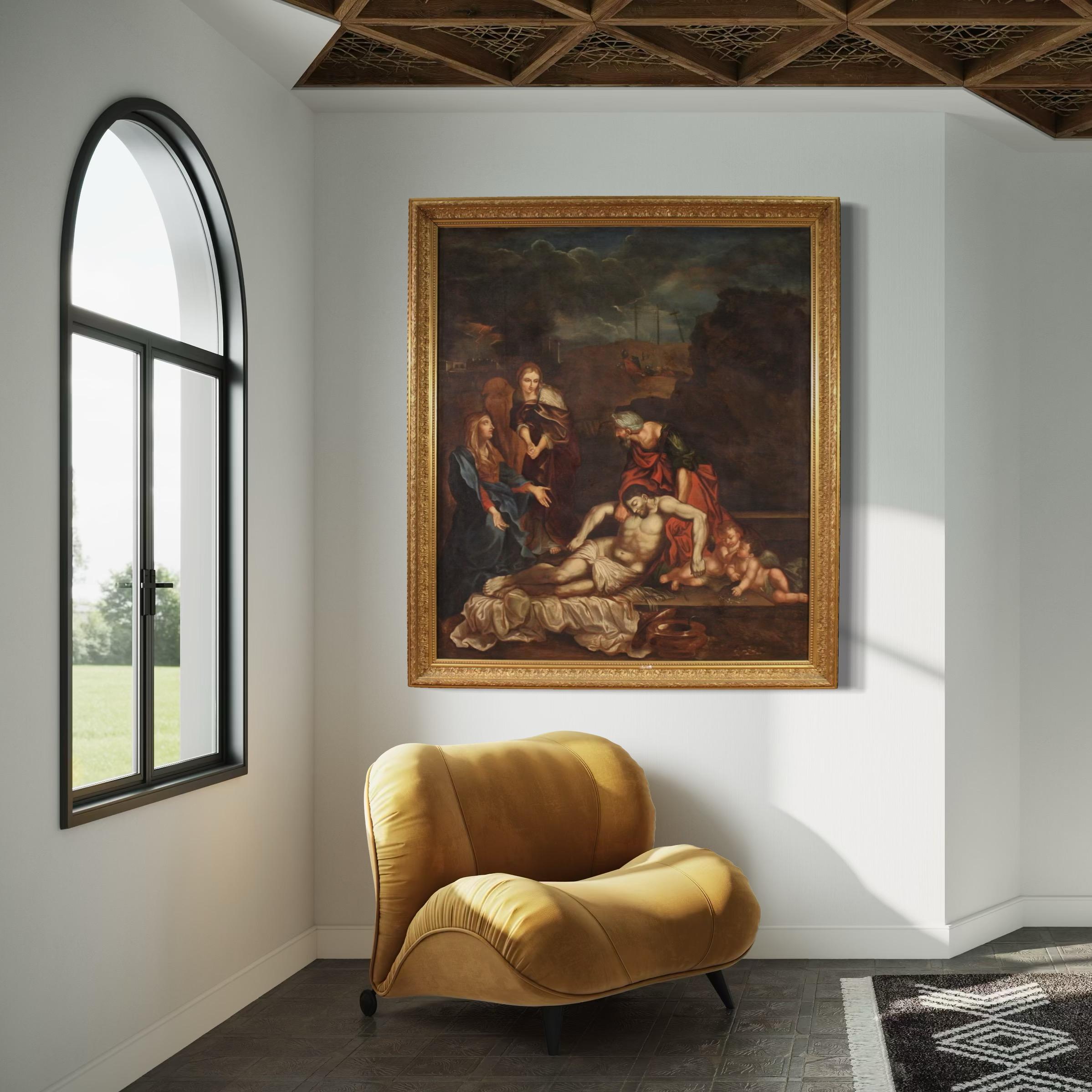17th Century Oil on Canvas Italian Painting Lamentation over the Dead Christ im Angebot 8
