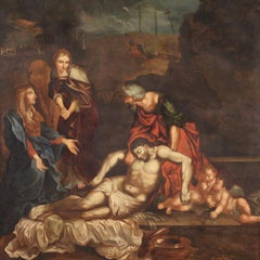 17th Century Oil on Canvas Italian Painting Lamentation over the Dead Christ