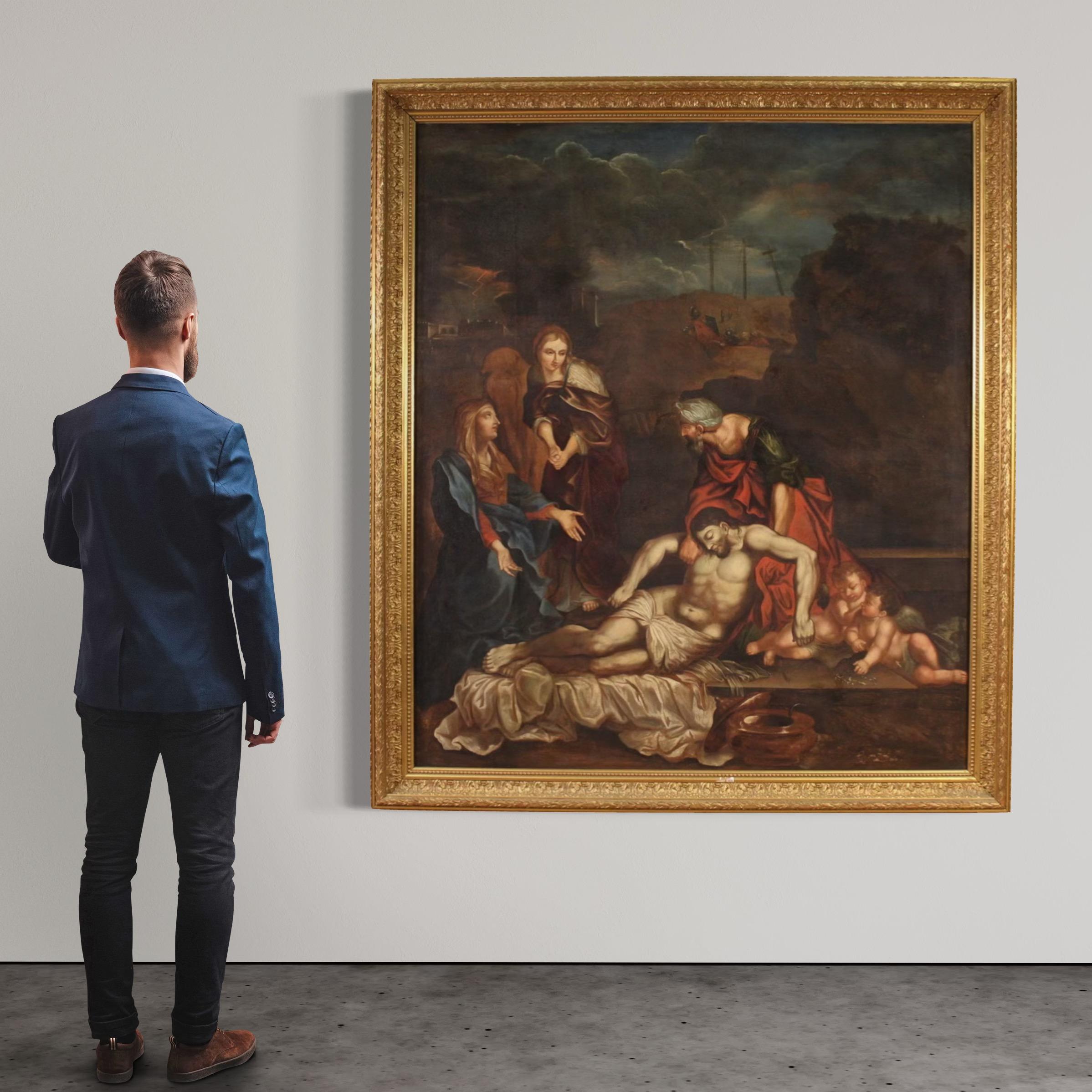 17th Century Oil on Canvas Italian Painting Lamentation over the Dead Christ im Angebot 2