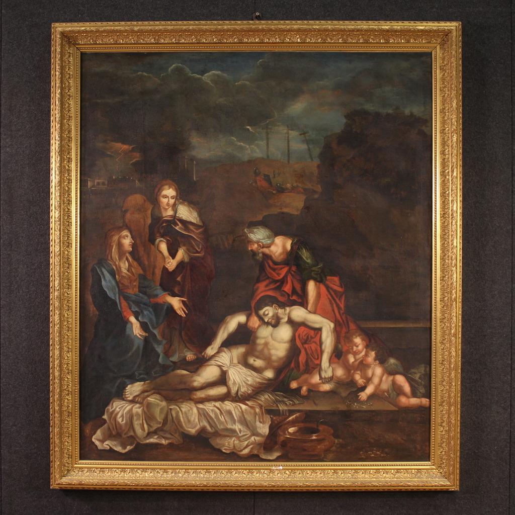 17th Century Oil on Canvas Italian Painting Lamentation over the Dead Christ