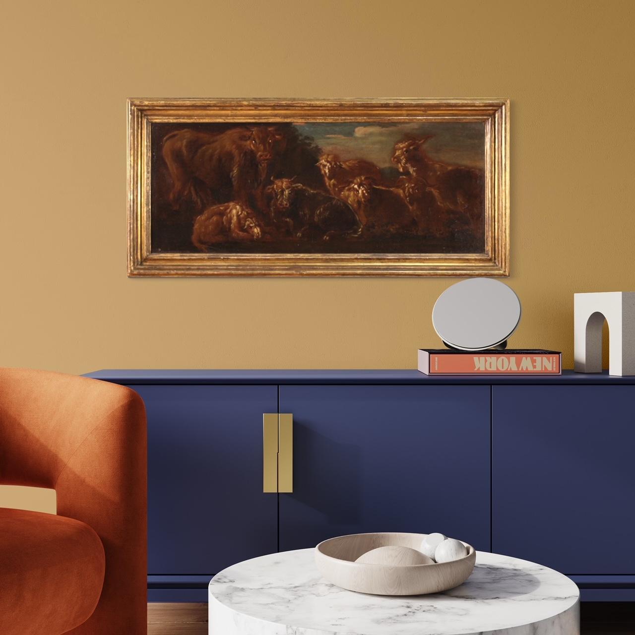 huile sur toile du 17e siècle Peinture italienne Paysage avec animaux en pâturage, 1680 9