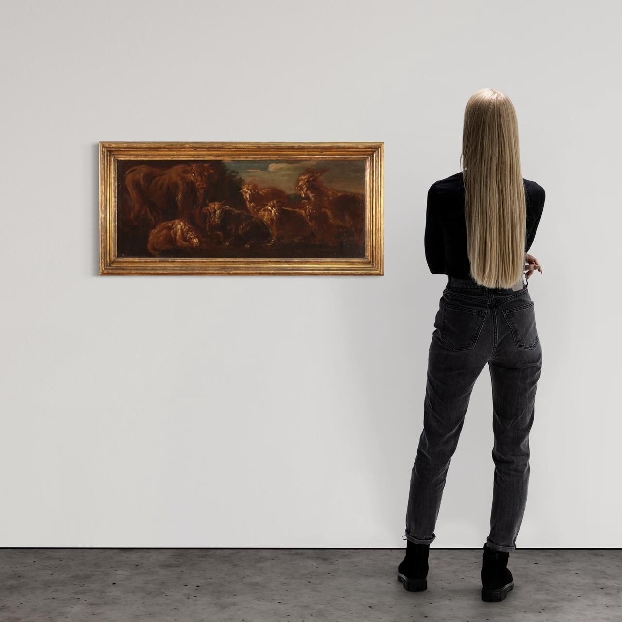 Peinture italienne ancienne de la seconde moitié du XVIIe siècle. Œuvre d'art à l'huile sur toile représentant un sujet particulier Animaux au pâturage de bonne qualité picturale dans le style de Rosa da Tivoli. Peinture qui se développe
