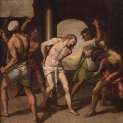 17th Century Oil on Canvas Italian Religious Painting Christ Flagellation, 1630