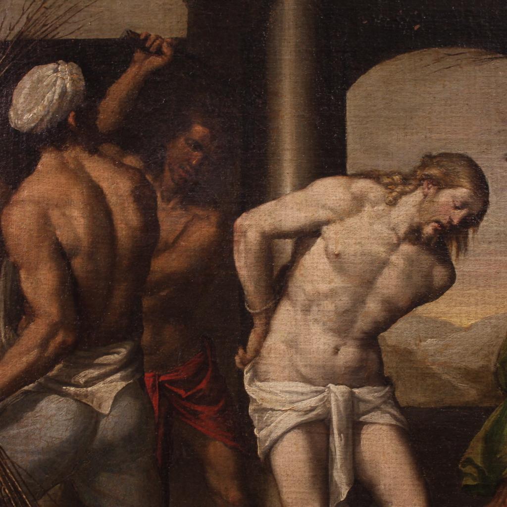 Großes religiöses Gemälde aus der ersten Hälfte des 17. Jahrhunderts. Öl auf Leinwand mit der Darstellung der Geißelung, einem der dramatischsten Momente der Passion. Christus ist an die Säule gefesselt und wird von vier Peinigern ausgepeitscht, die