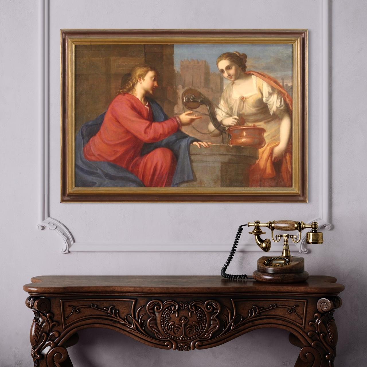 Antique Italian painting from the second half of the 17th century. Oil on canvas artwork depicting a religious subject, Christ and the Samaritan woman at the well. Jesus is traveling and decides to stop at a well. A woman of Samaritan origins