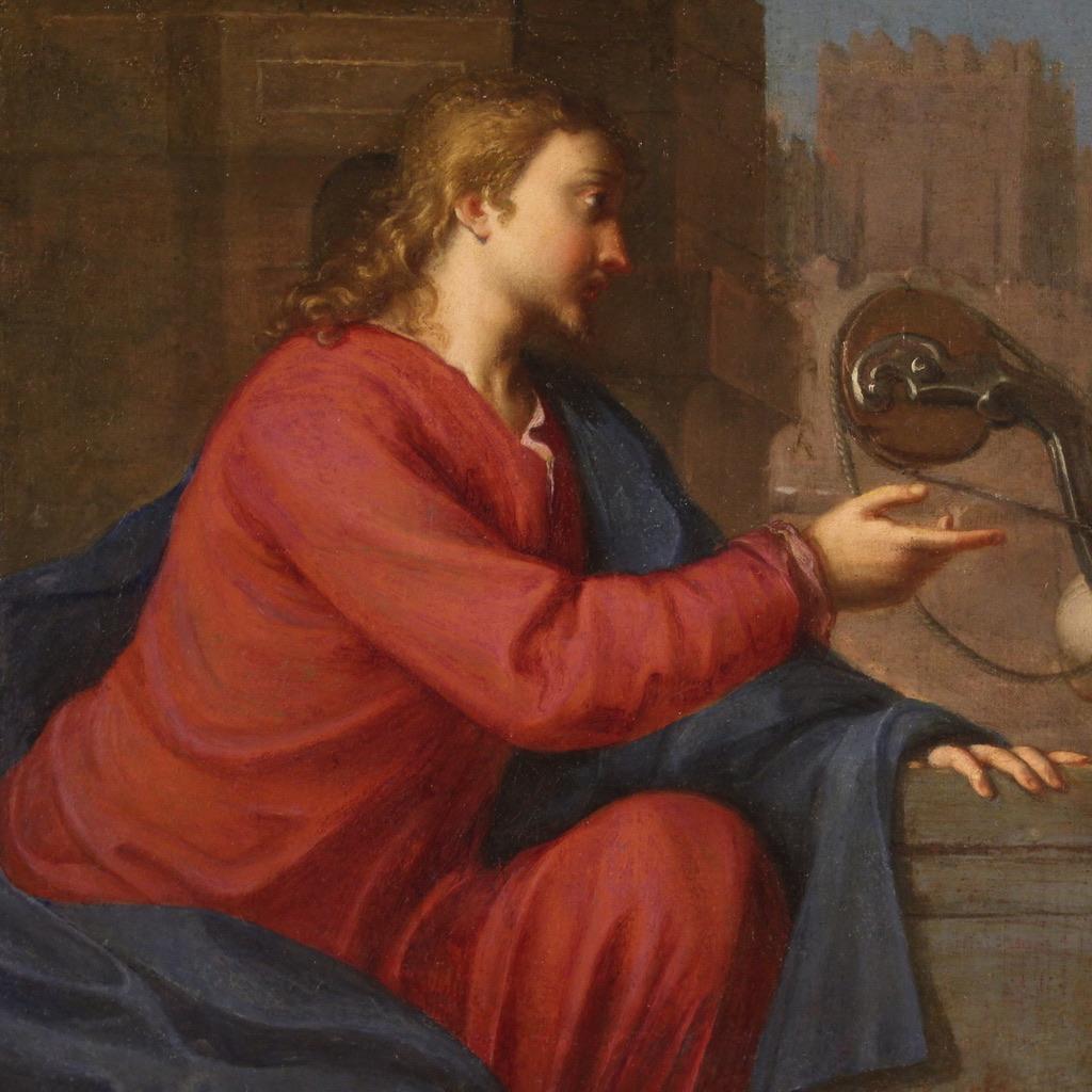 17th Century Oil on Canvas Italian Religious Painting Jesus and the Samaritan For Sale 5