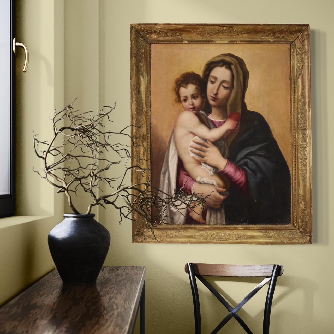 óleo sobre lienzo del siglo XVII Pintura religiosa italiana Virgen con el Niño, 1650 en venta 9