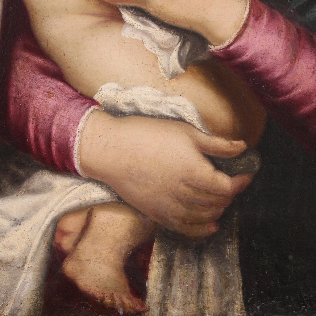 óleo sobre lienzo del siglo XVII Pintura religiosa italiana Virgen con el Niño, 1650 en venta 11