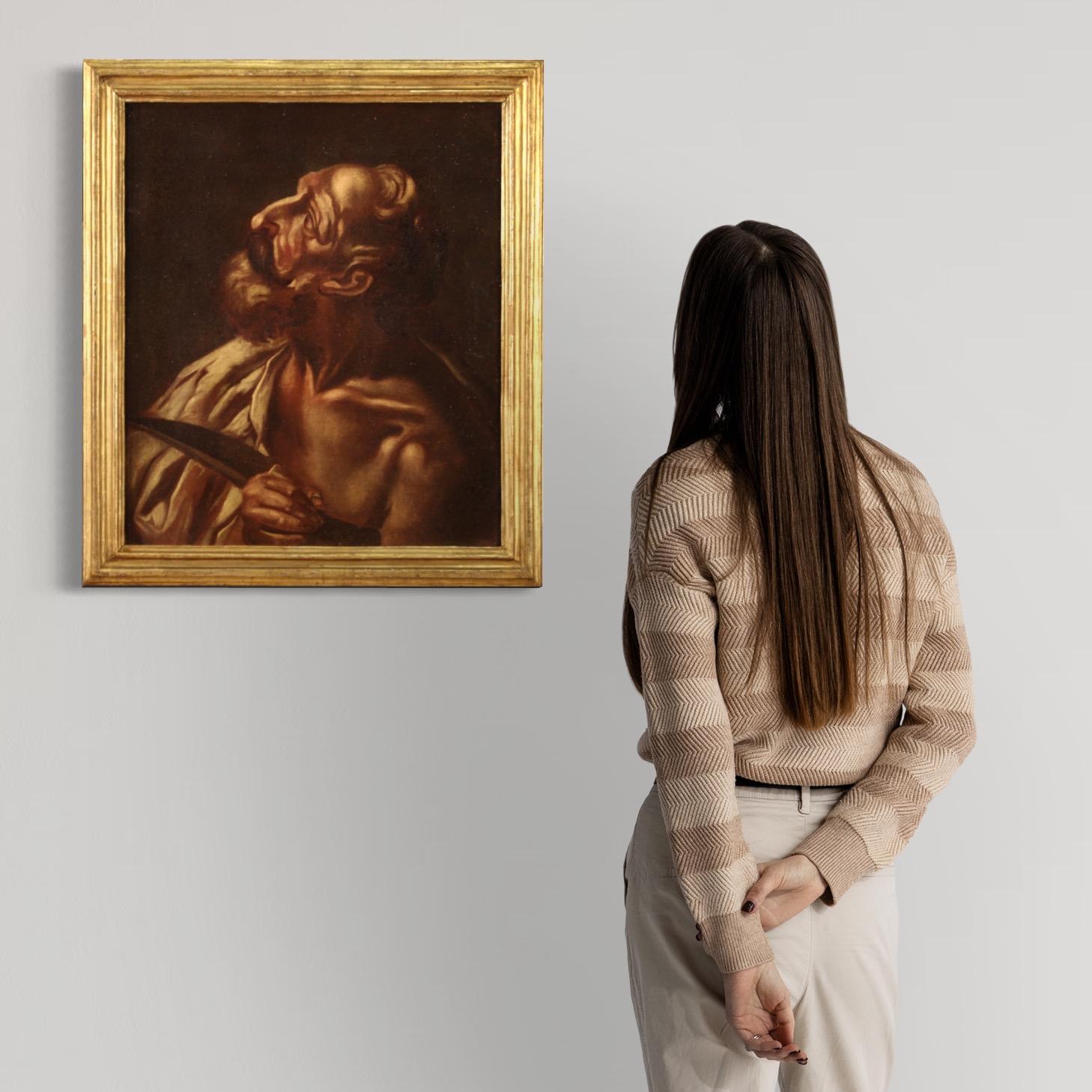 Antikes italienisches Gemälde aus dem 17. Jahrhundert. Gemälde Öl auf Leinwand, die ein religiöses Thema Saint Bartholomew von ausgezeichneter malerischer Qualität darstellt. Gemälde von schöner Größe und Proportion, verziert mit einem antiken,