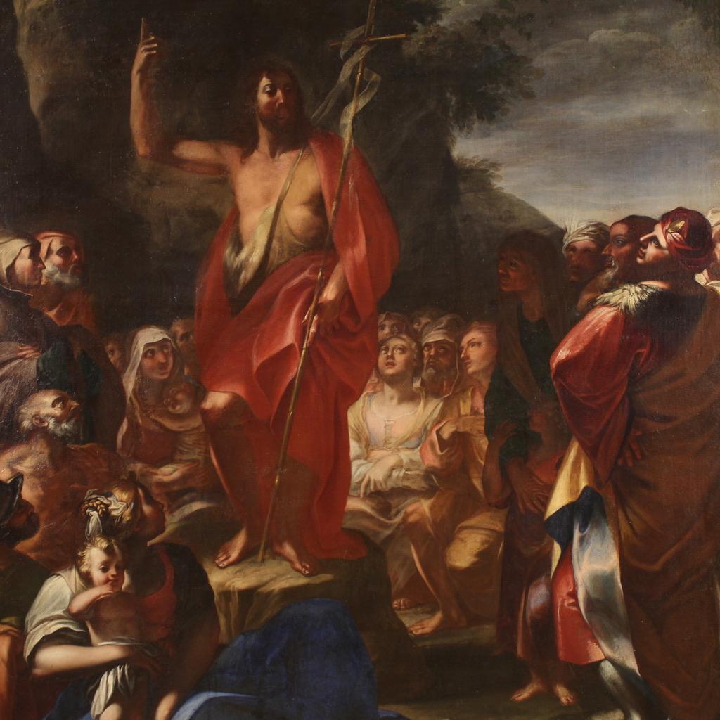 Antique 17th-century Italian painting. Oil on canvas artwork depicting the Sermon of Saint John in the Desert, a much-loved subject in the Baroque era, as it combined the oratory power of the Baptist with the theatrical gestures of the listening